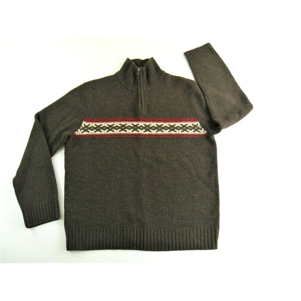 J Crew Mens Brown 100% Lambs Wool 1/4 Zip Pullover Sweater Chest Stripe Medium